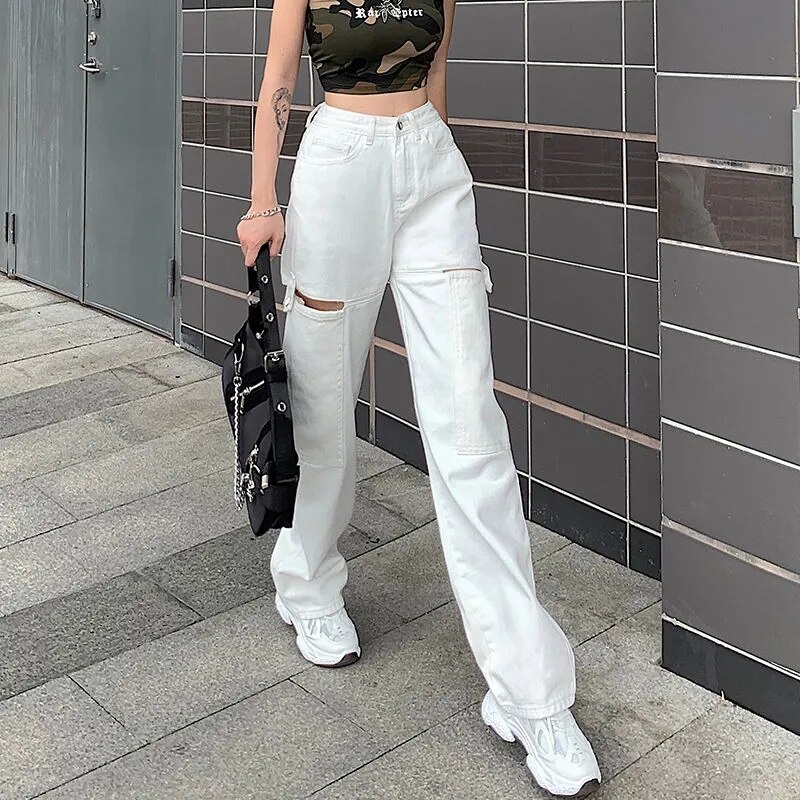 2022 New Vintage Hollow Out Women&S Jeans Pockets White Harajuku Korean Baggy Straight Pants Street Wear Wide Leg Jeans